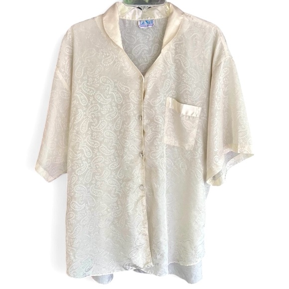 La Nuit Tops - VINTAGE 90S LA NUIT Ivory Satin Jacquard Button Down Shirt Loungewear Top L / XL